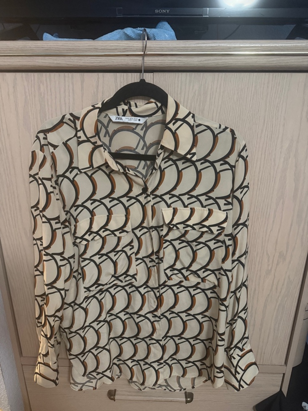 Zara Cream Blouse with Brown and Black Geometric Print